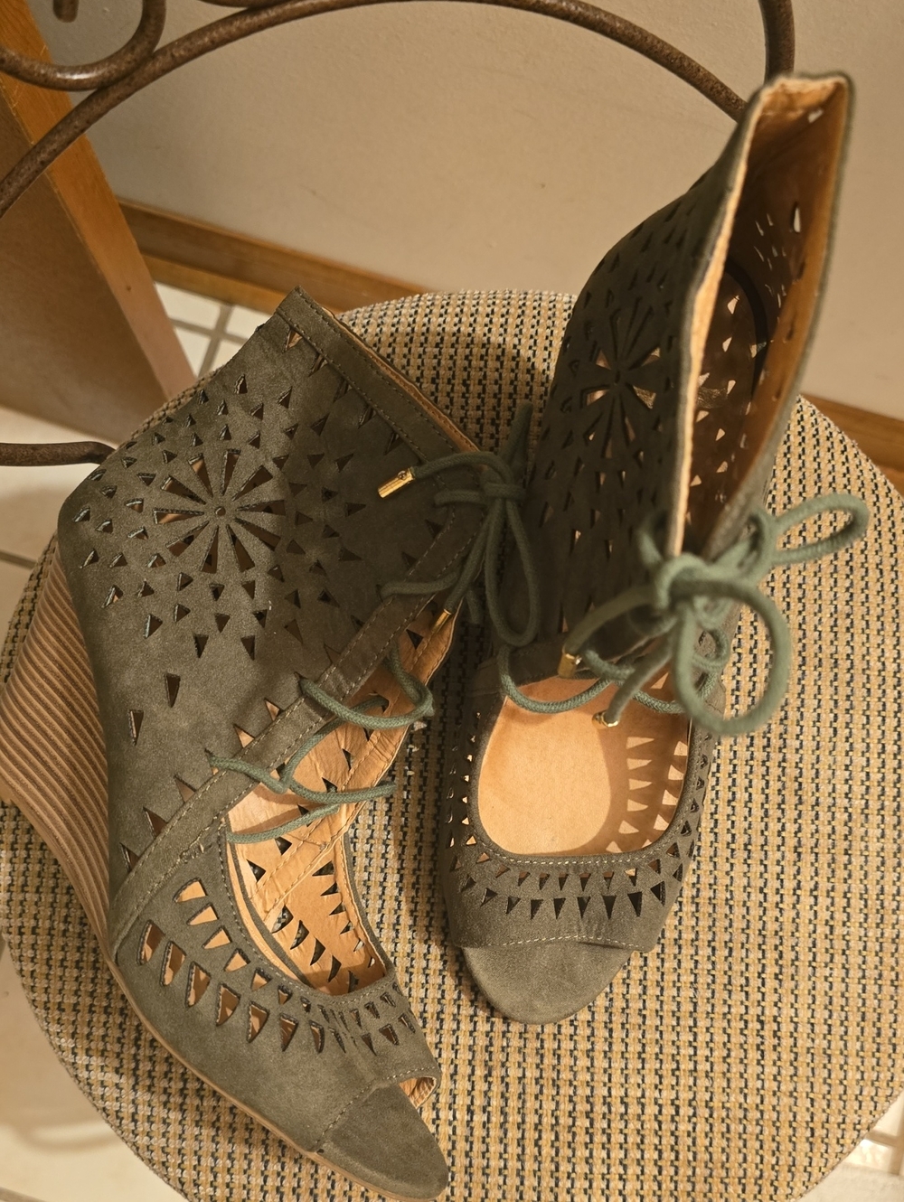 Report Signature Olive Green Laser-Cut Lace-Up Peep-Toe Heels